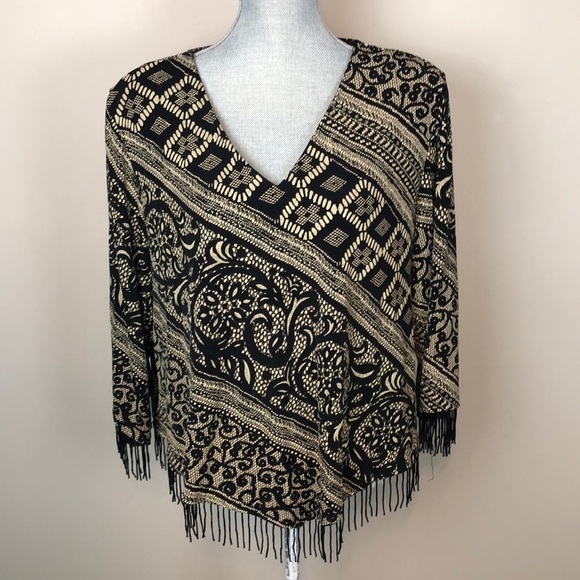 VTG R&M Richards Tan & Black Beaded Fringe V-Neck - Picture 2 of 8